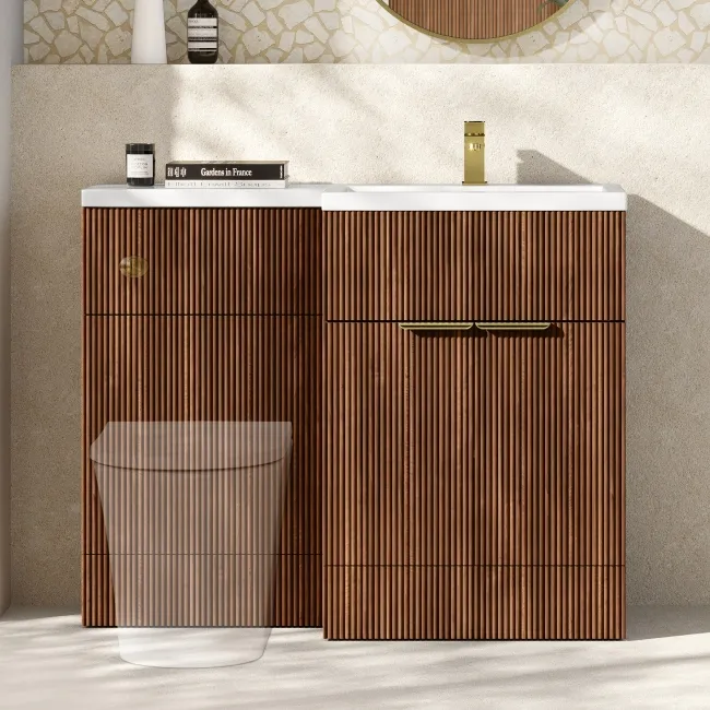 Havana Fluted Black Walnut Basin Vanity and Back To Wall Toilet Unit 1100mm (Excludes Toilet) - Brushed Brass Accents - Right Handed