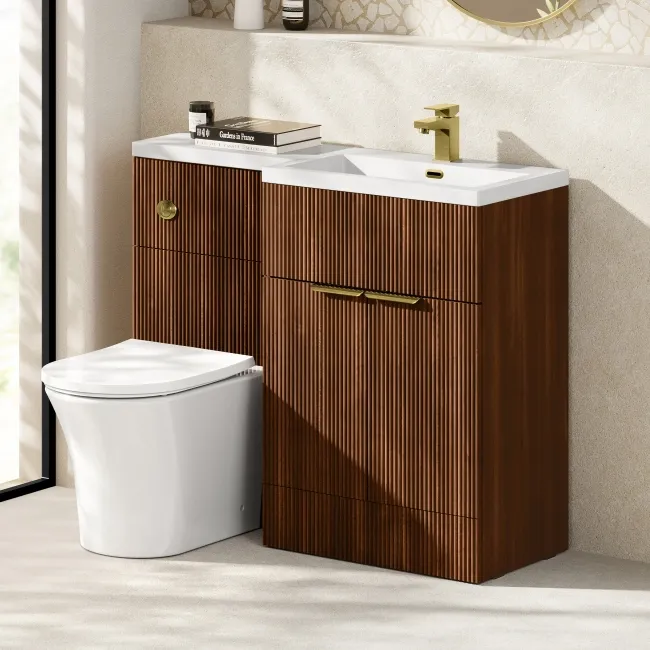 Havana Fluted Black Walnut Combination Vanity Basin and Tucson Toilet 1100mm - Brushed Brass Accents - Right Handed