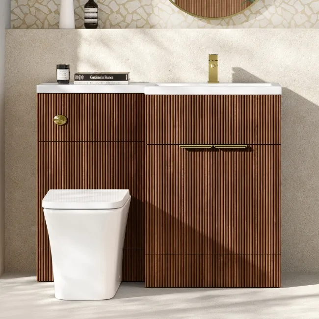Havana Fluted Black Walnut Combination Vanity Basin and Houston Toilet 1100mm - Brushed Brass Accents - Right Handed