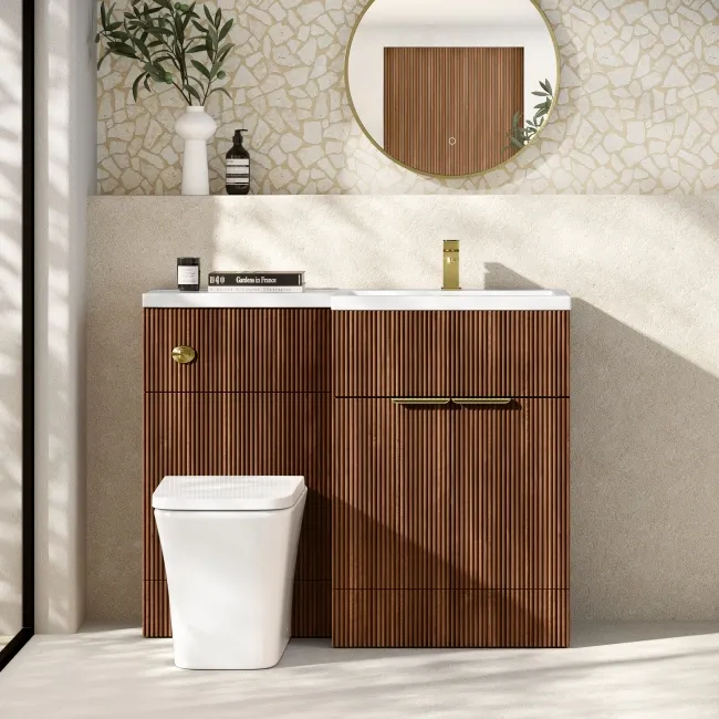 Havana Fluted Black Walnut Combination Vanity Basin and Houston Toilet 1100mm - Brushed Brass Accents - Right Handed