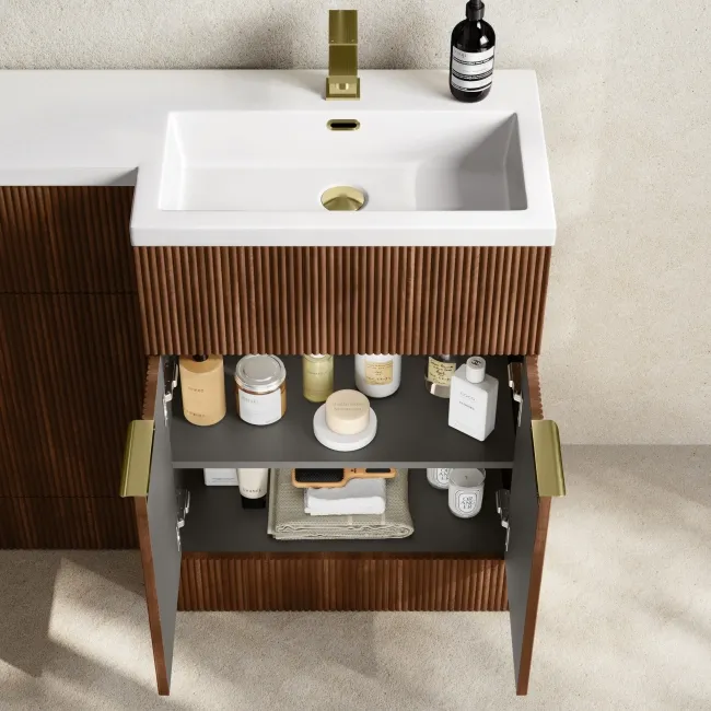 Havana Fluted Black Walnut Combination Vanity Basin and Houston Toilet 1100mm - Brushed Brass Accents - Right Handed