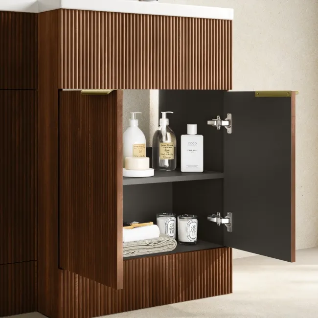 Havana Fluted Black Walnut Combination Vanity Basin and Houston Toilet 1100mm - Brushed Brass Accents - Right Handed
