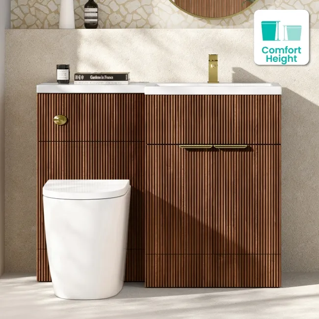Havana Fluted Black Walnut Combination Vanity Basin and Utah Comfort Height Toilet 1100mm - Brushed Brass Accents - Right Handed