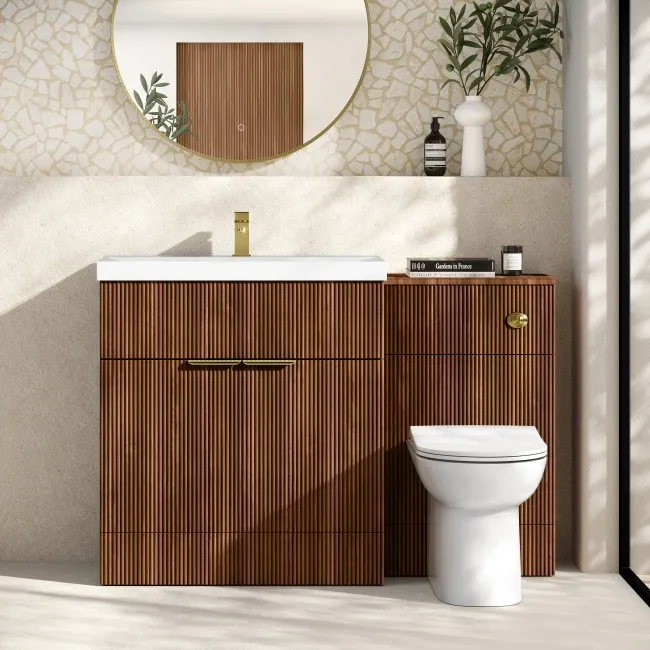 Havana Fluted Black Walnut Combination Vanity Basin and Aruba Toilet 1300mm - Brushed Brass Accents