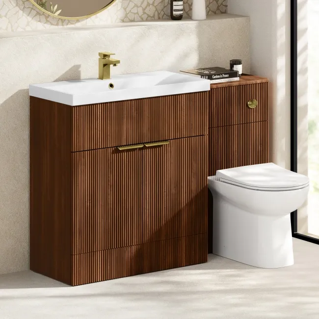 Havana Fluted Black Walnut Combination Vanity Basin and Aruba Toilet 1300mm - Brushed Brass Accents