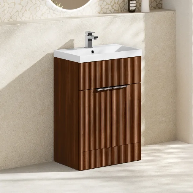 Havana Fluted Black Walnut Basin Vanity 600mm - Chrome Handles