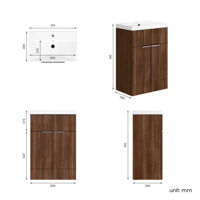 Havana Fluted Black Walnut Basin Vanity 600mm - Chrome Handles