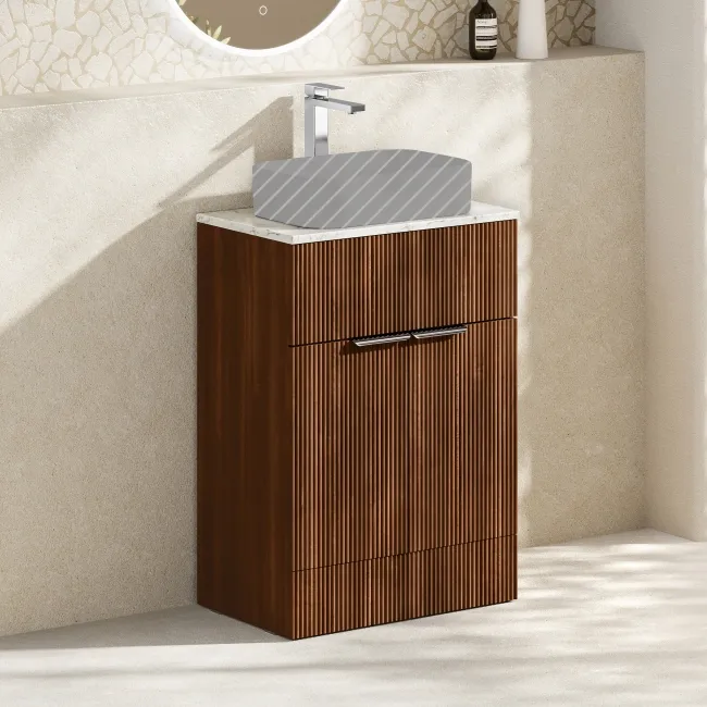 Havana Fluted Black Walnut Cabinet with Marble Top 600mm (Excludes Counter Top Basin) - Chrome Handles