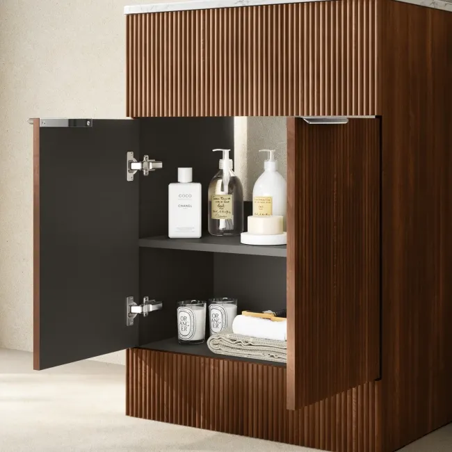 Havana Fluted Black Walnut Cabinet with Marble Top 600mm (Excludes Counter Top Basin) - Chrome Handles