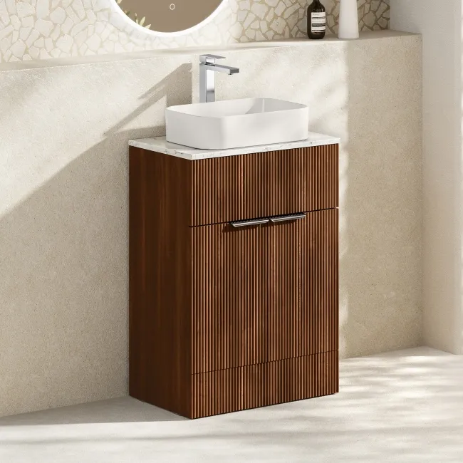 Havana Fluted Black Walnut Cabinet with Marble Top & Marin Basin 600mm - Chrome Handles