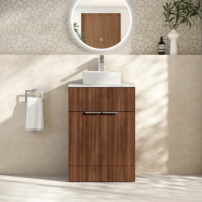 Havana Fluted Black Walnut Cabinet with Marble Top & Nevis Basin 600mm - Chrome Handles