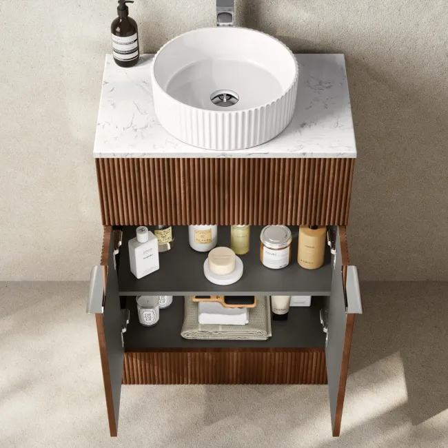 Havana Fluted Black Walnut Cabinet with Marble Top & Nevis Basin 600mm - Chrome Handles
