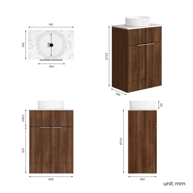 Havana Fluted Black Walnut Cabinet with Marble Top & Nevis Basin 600mm - Chrome Handles