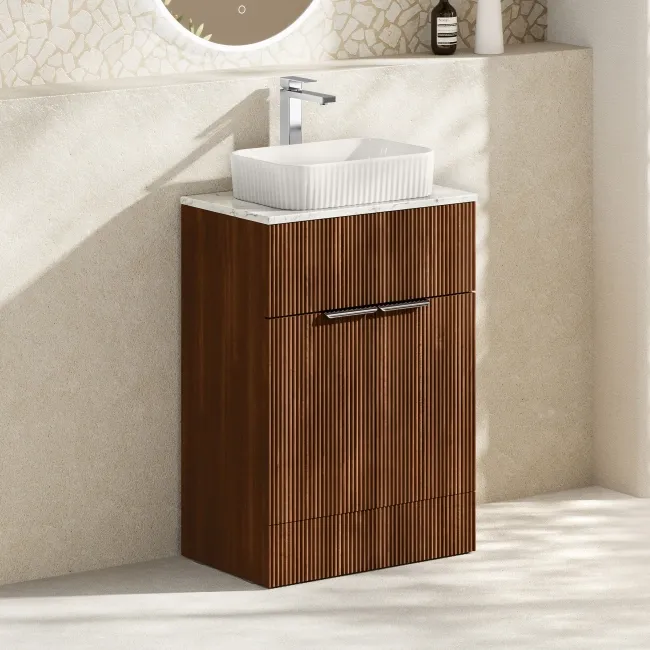 Havana Fluted Black Walnut Cabinet with Marble Top & Reno Basin 600mm - Chrome Handles