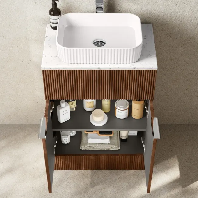 Havana Fluted Black Walnut Cabinet with Marble Top & Reno Basin 600mm - Chrome Handles