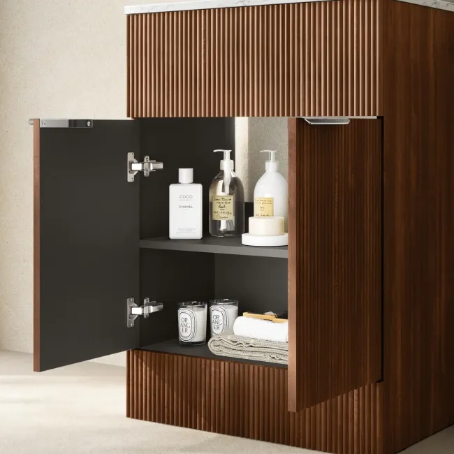 Havana Fluted Black Walnut Cabinet with Marble Top & Reno Basin 600mm - Chrome Handles