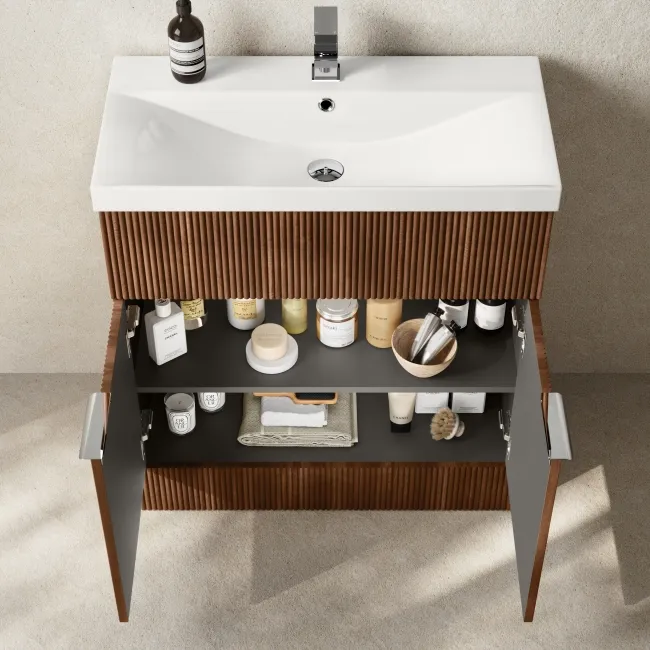 Havana Fluted Black Walnut Basin Vanity 800mm - Chrome Handles