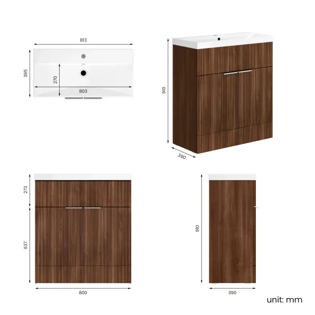 Havana Fluted Black Walnut Basin Vanity 800mm - Chrome Handles