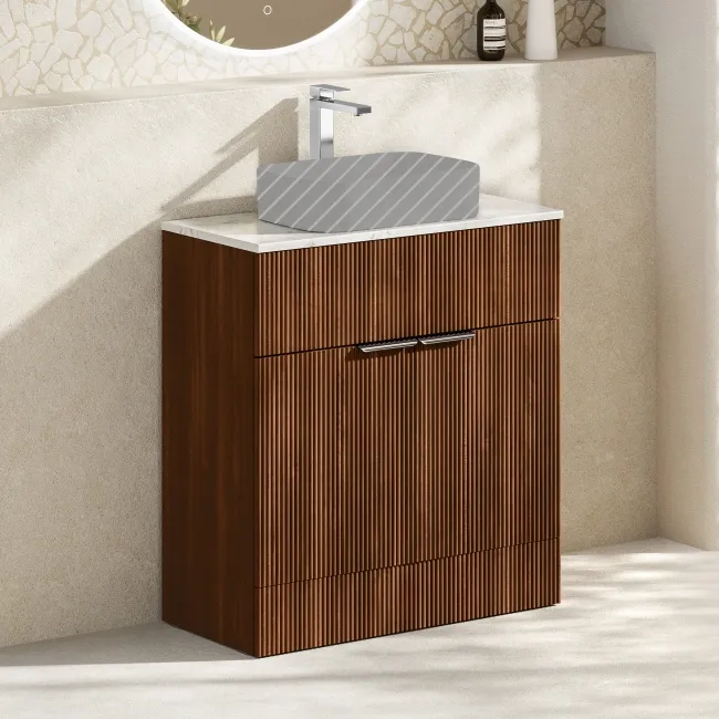 Havana Fluted Black Walnut Cabinet with Marble Top 800mm (Excludes Counter Top Basin) - Chrome Handles