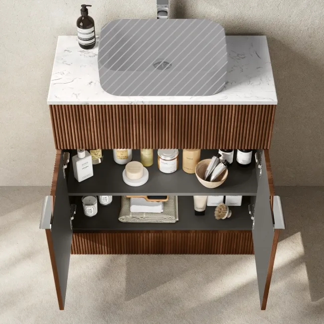 Havana Fluted Black Walnut Cabinet with Marble Top 800mm (Excludes Counter Top Basin) - Chrome Handles