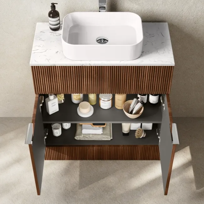 Havana Fluted Black Walnut Cabinet with Marble Top & Marin Basin 800mm - Chrome Handles