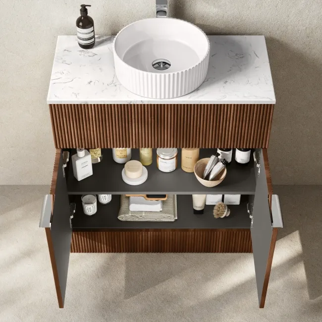 Havana Fluted Black Walnut Cabinet with Marble Top & Nevis Basin 800mm - Chrome Handles