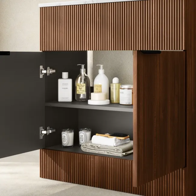 Havana Fluted Black Walnut Cabinet with Marble Top & Nevis Basin 800mm - Chrome Handles