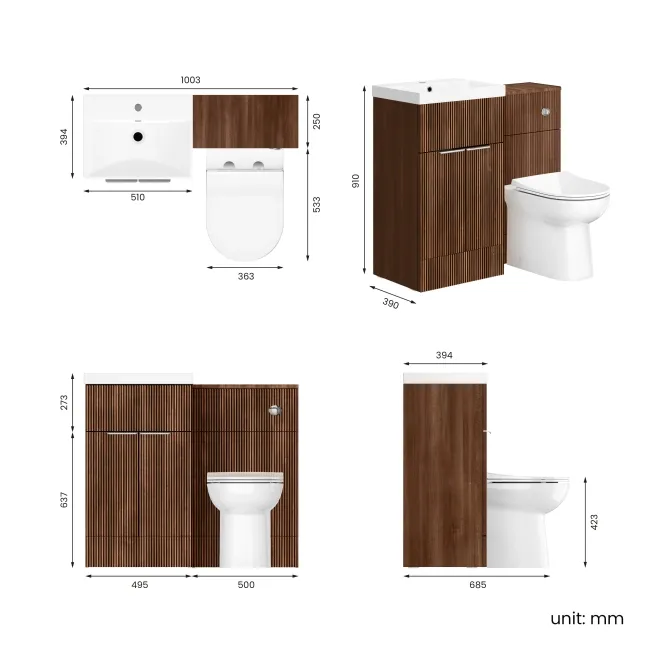 Havana Fluted Black Walnut Combination Vanity Basin and Aruba Toilet 1000mm - Chrome Handles
