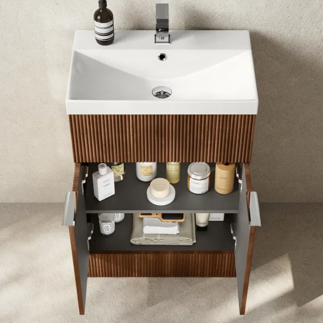 Havana Fluted Black Walnut Basin Vanity and Back To Wall Toilet Unit 1100mm (Excludes Toilet) - Chrome Handles