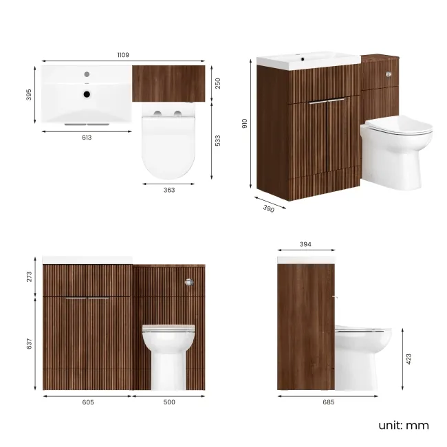 Havana Fluted Black Walnut Combination Vanity Basin and Aruba Toilet 1100mm - Chrome Handles