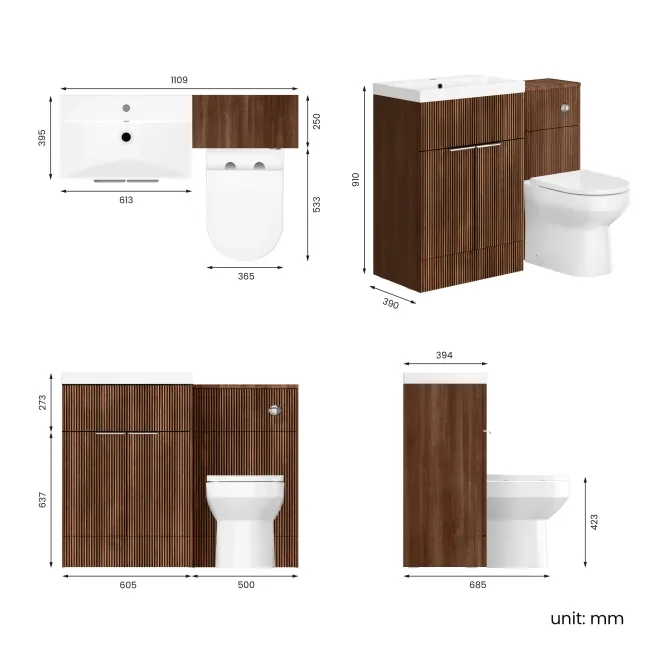 Havana Fluted Black Walnut Combination Vanity Basin and Miami Toilet 1100mm - Chrome Handles