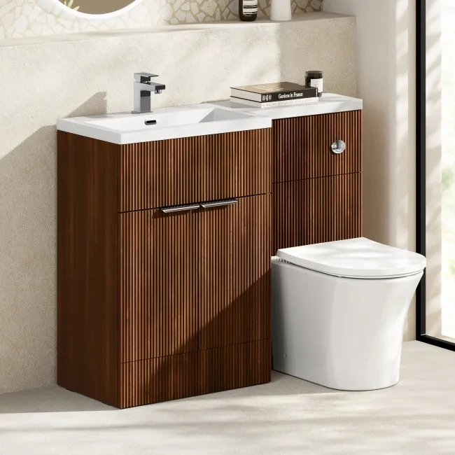Havana Fluted Black Walnut Combination Vanity Basin and Tucson Toilet 1100mm - Chrome Handles - Left Handed