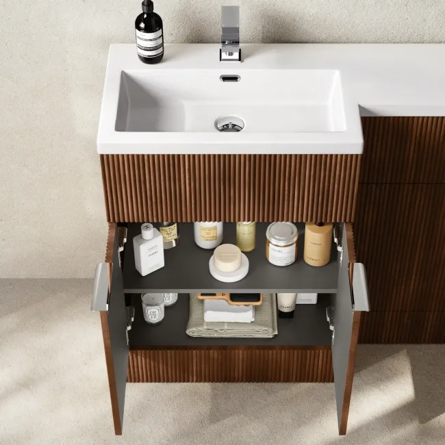Havana Fluted Black Walnut Combination Vanity Basin and Tucson Toilet 1100mm - Chrome Handles - Left Handed