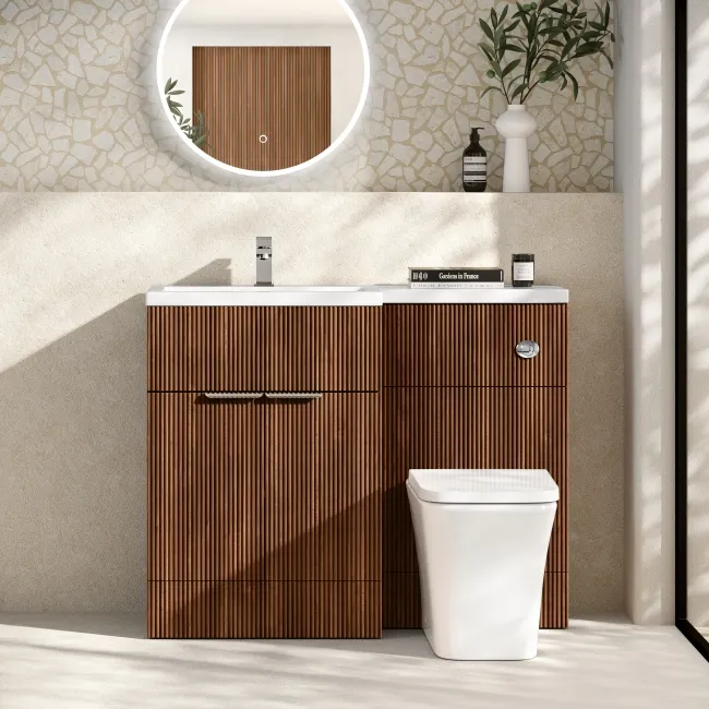 Havana Fluted Black Walnut Combination Vanity Basin and Houston Toilet 1100mm - Chrome Handles - Left Handed
