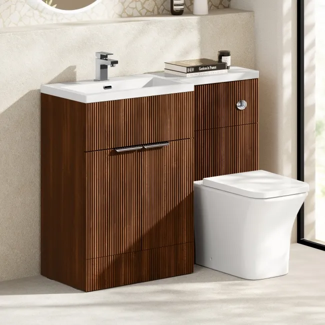 Havana Fluted Black Walnut Combination Vanity Basin and Houston Toilet 1100mm - Chrome Handles - Left Handed