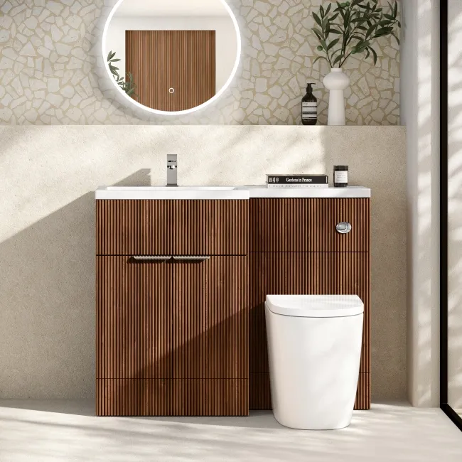 Havana Fluted Black Walnut Combination Vanity Basin and Utah Comfort Height Toilet 1100mm - Chrome Handles - Left Handed