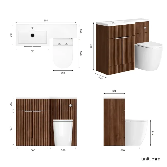 Havana Fluted Black Walnut Combination Vanity Basin and Utah Comfort Height Toilet 1100mm - Chrome Handles - Left Handed