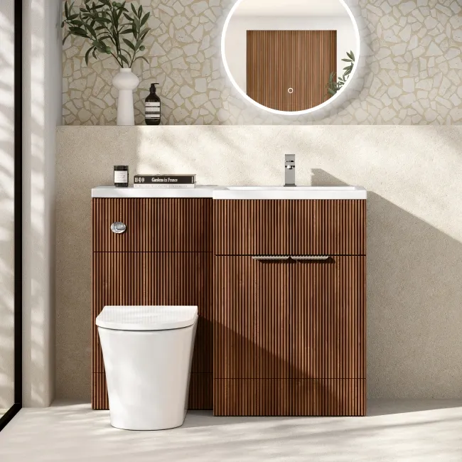 Havana Fluted Black Walnut Combination Vanity Basin and Tucson Toilet 1100mm - Chrome Handles - Right Handed