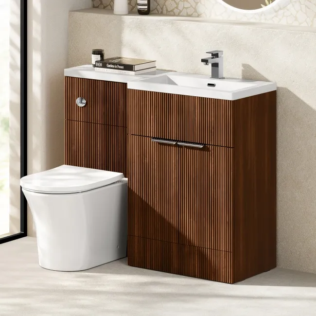 Havana Fluted Black Walnut Combination Vanity Basin and Tucson Toilet 1100mm - Chrome Handles - Right Handed