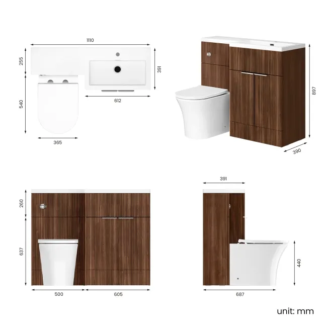 Havana Fluted Black Walnut Combination Vanity Basin and Tucson Toilet 1100mm - Chrome Handles - Right Handed