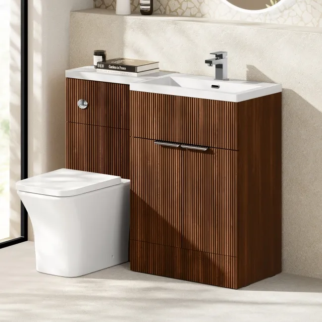 Havana Fluted Black Walnut Combination Vanity Basin and Houston Toilet 1100mm - Chrome Handles - Right Handed