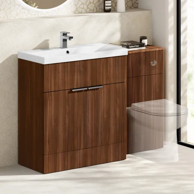 Havana Fluted Black Walnut Basin Vanity and Back To Wall Toilet Unit 1300mm (Excludes Toilet) - Chrome Handles