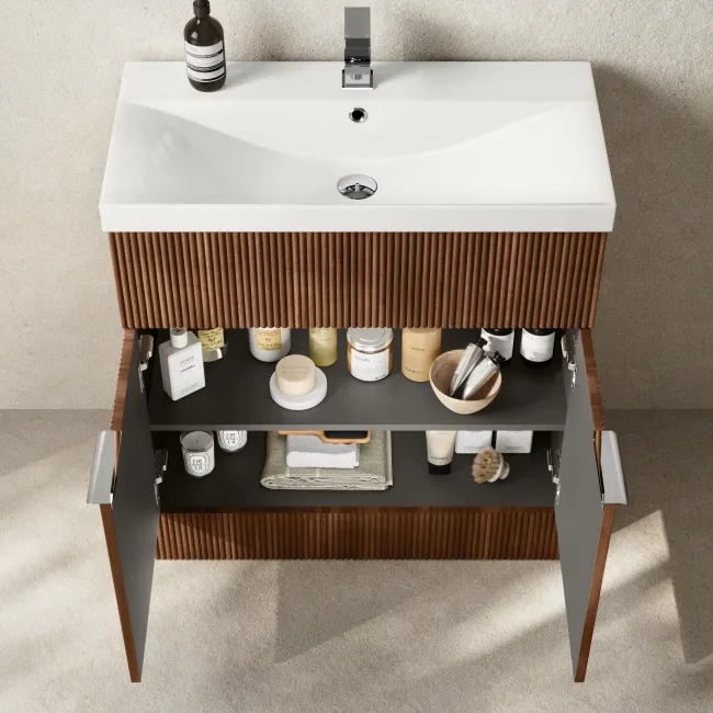 Havana Fluted Black Walnut Basin Vanity and Back To Wall Toilet Unit 1300mm (Excludes Toilet) - Chrome Handles