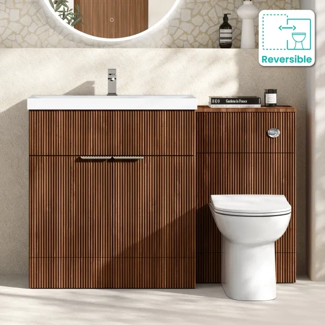 Havana Fluted Black Walnut Combination Vanity Basin and Aruba Toilet 1300mm - Chrome Handles