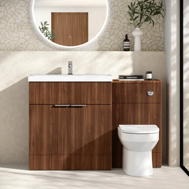 Havana Fluted Black Walnut Combination Vanity Basin and Miami Toilet 1300mm - Chrome Handles