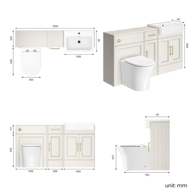 Monaco Cotton White Combination Vanity Basin and Tucson Toilet 1500mm - Brass Knurled Handles