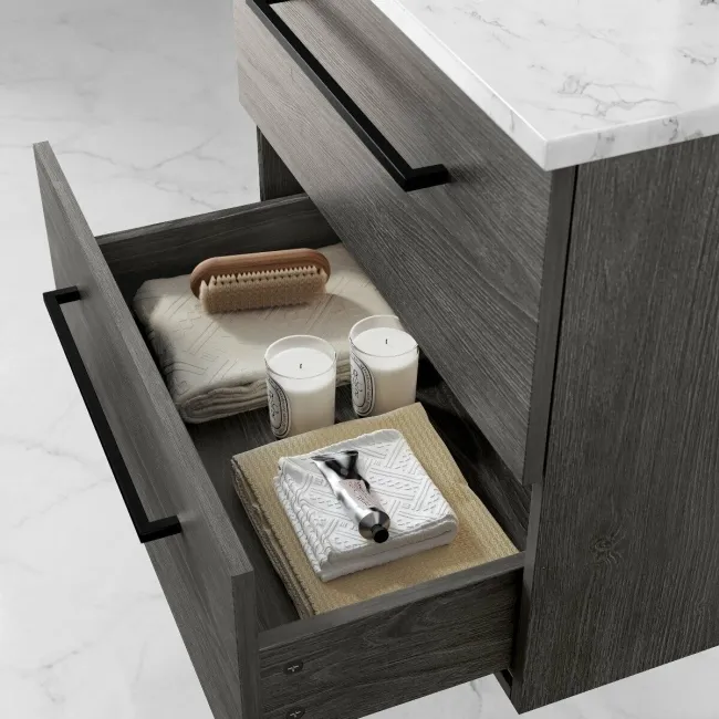 Elba Charcoal Elm Wall Hung Drawer Vanity with Marble Top & Curved Counter Top Basin 600mm - Black Accents