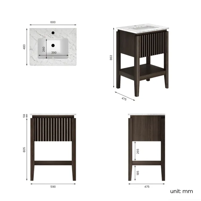 Maru Black Oak Carrara Marble Vanity Unit & Undermount Basin 600mm