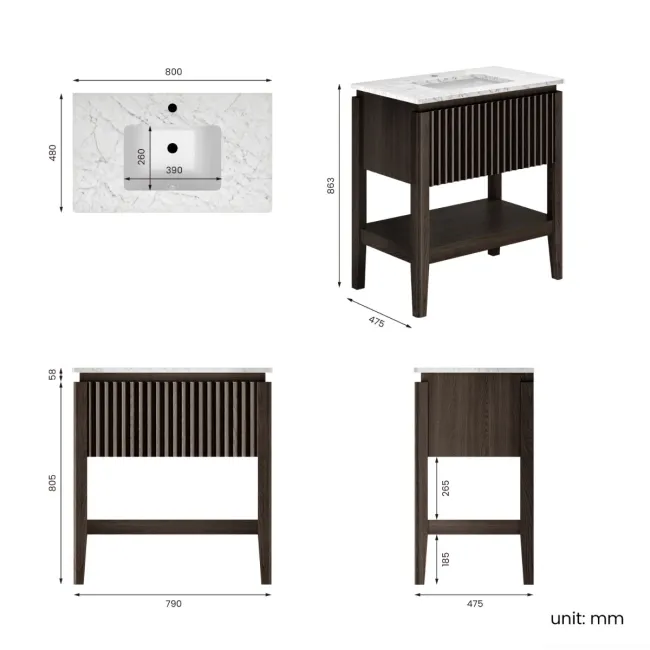 Maru Black Oak Carrara Marble Vanity Unit & Undermount Basin 800mm
