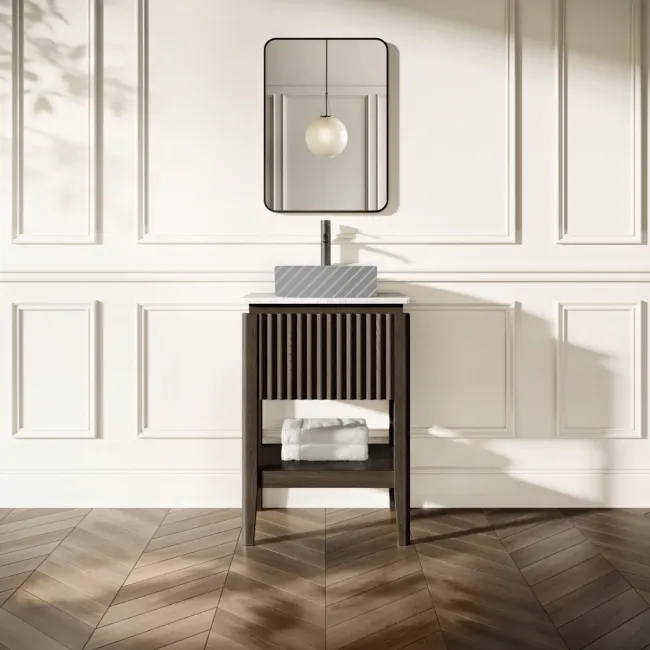 Maru Black Oak Wood Grain Vanity Cabinet 600mm with Carrara Marble Top - Basin Not Included